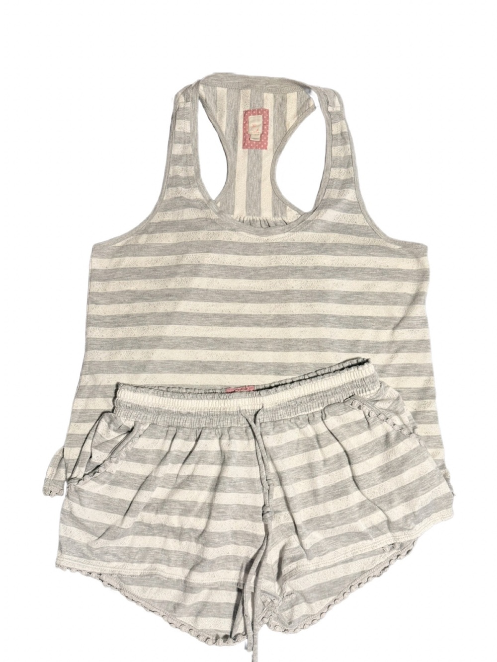 Anthropologie E by Eloise Striped Gray & White Pom-Trim Tank & Shorts Sleep Set